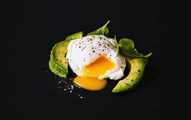 Close-up shot of a perfectly poached egg with a runny yolk, served atop slices of fresh avocado and garnished with a sprinkle of black pepper. The vibrant yellow yolk contrasts beautifully with the