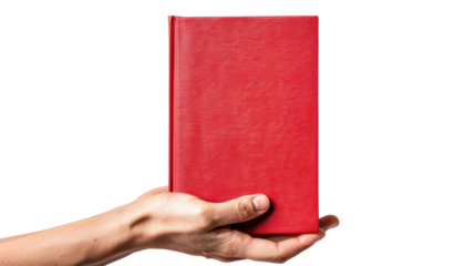 Hand holding red book with transparent background