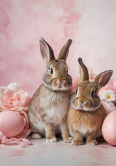 Obraz premium Easter bunnies peeking from the corners of a soft pink watercolor background