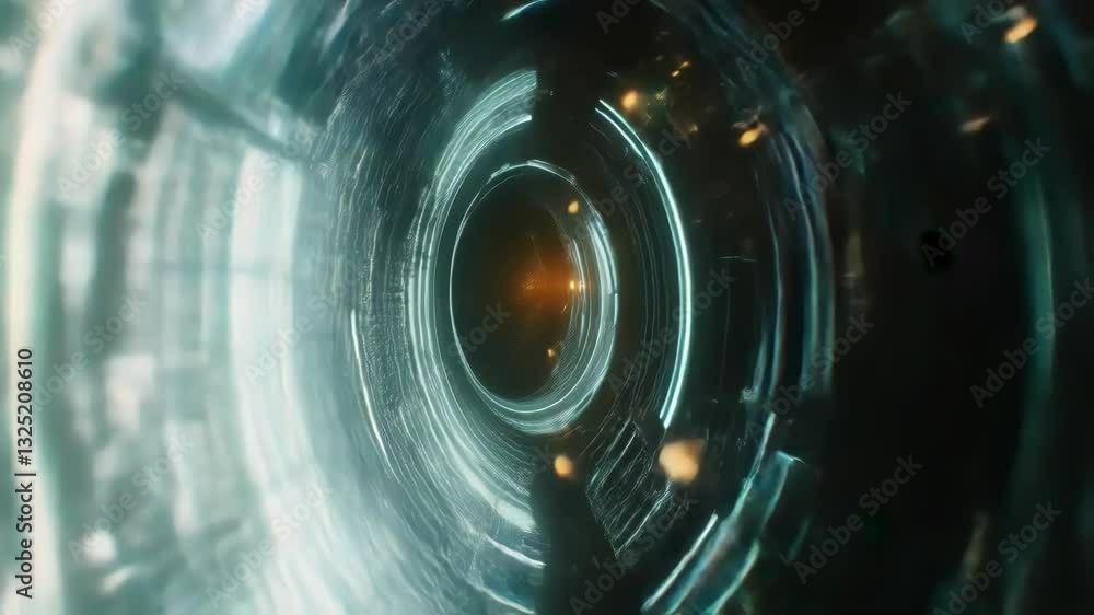 Poster futuristic digital data tunnel transmitting glowing particles and binary code, representing innovati