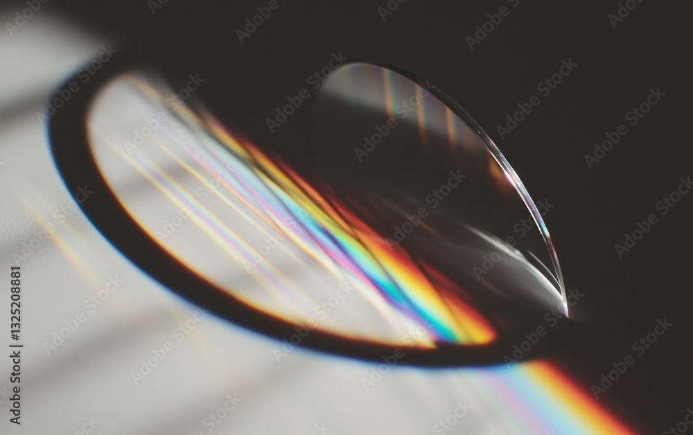 Poster close-up view of a transparent, curved object casting a rainbow spectrum on a light surface. dark ba