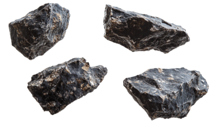 Group of floating asteroids, cut out. Isolated on a transparent background.