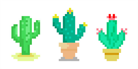 Pixel art of cactus vector set. Pixelated cactus plant, comic and games concept. © Yusak