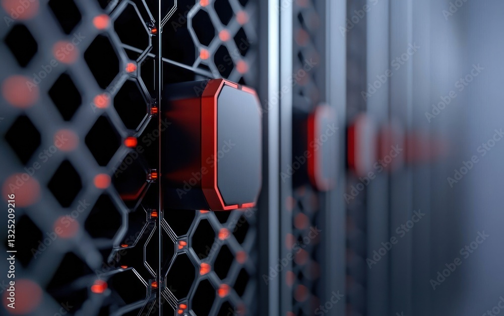 Poster close-up of a red and black technological component within a server rack, showcasing intricate detai