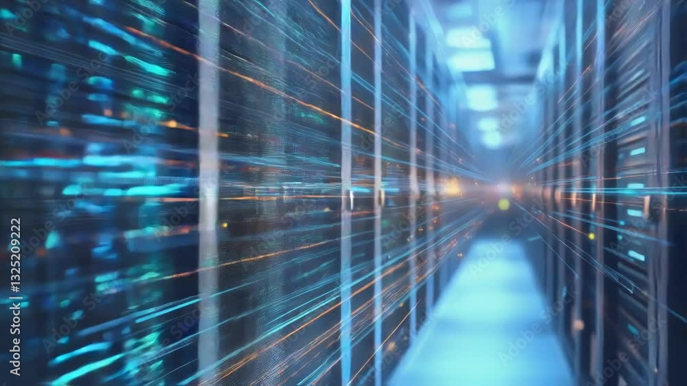 Poster data streams flow through a futuristic server room, showcasing innovative engineering and advanced t