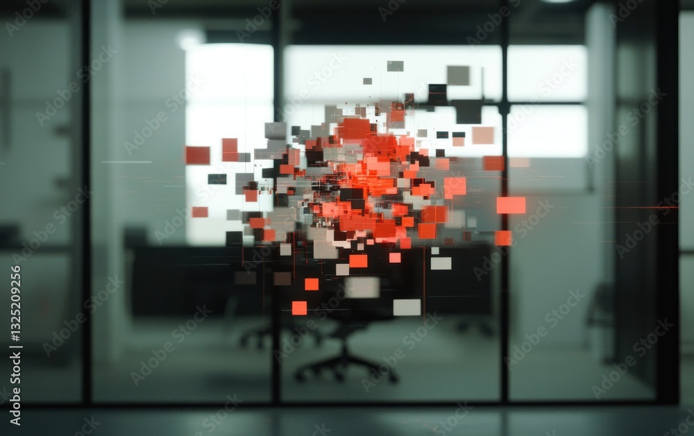 Poster abstract image of red and gray pixelated shapes exploding behind an office glass wall. the backgroun