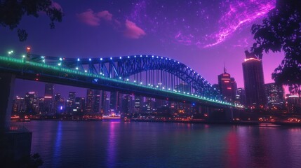 Obraz premium Urban Bridge Illumination: Twilight Glow Over City Skyline at Night