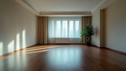 Obraz premium Empty Bright Room with a Large Window and Curtains / 大きな窓とカーテンのある明るく空っぽの部屋