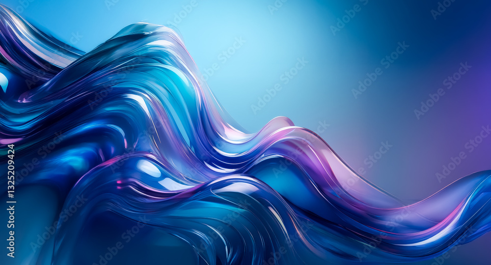 Poster an abstract flowing form with glossy texture showcases smooth curves in a gradient of blue and purpl