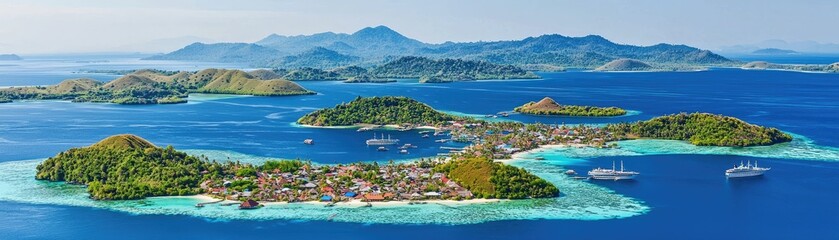Naklejka premium Island village aerial in Raja Ampat, Indonesia with mountains backdrop. Tourism