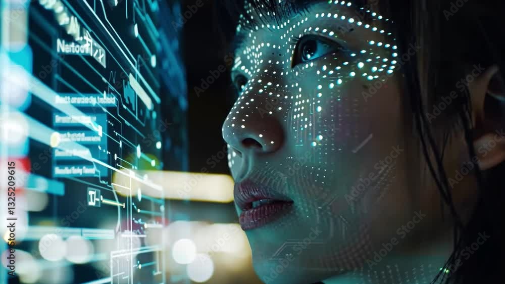 Aufkleber woman gazes intently at digital interface with holographic data and futuristic graphics illuminating