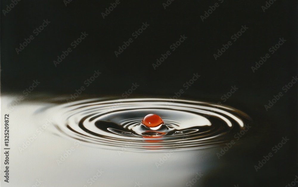 Poster red droplet impacting dark water, creating concentric ripples. dark background with subtle light ref