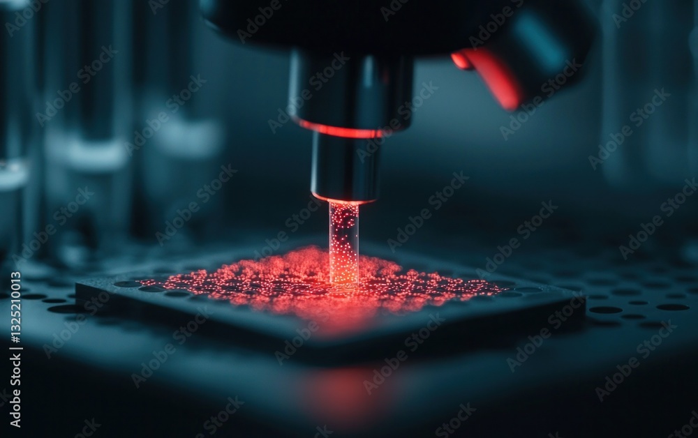 Poster close-up view of a precision instrument dispensing red illuminated particles onto a dark surface. th