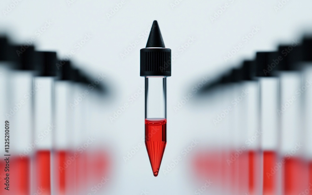 Poster a single glass vial filled with red liquid stands out in a row of similar vials, creating a sense of