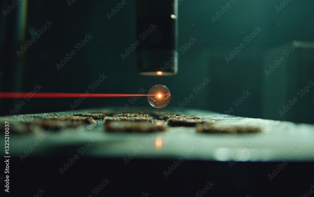 Poster red laser beam striking a small, glowing sphere on a dark metallic surface. close-up view of a preci