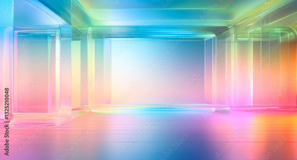 Poster vibrant room with rainbow gradient lighting. reflective surfaces create a spacious and luminous atmo