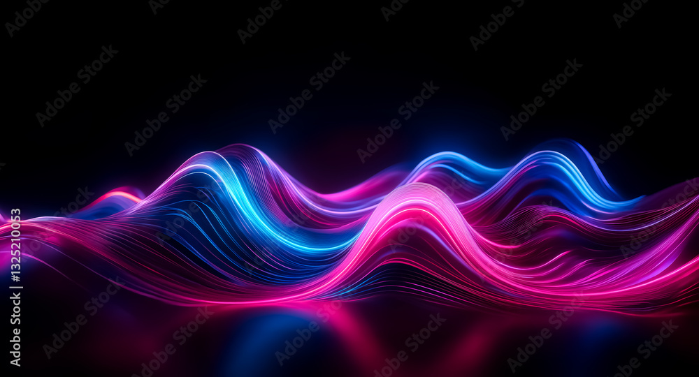 Poster abstract waves of vibrant neon lights in blue and pink cascade across a dark backdrop, creating a dy