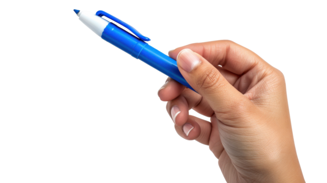 Woman's hand holding a blue marker on transparent background - Powered by Adobe