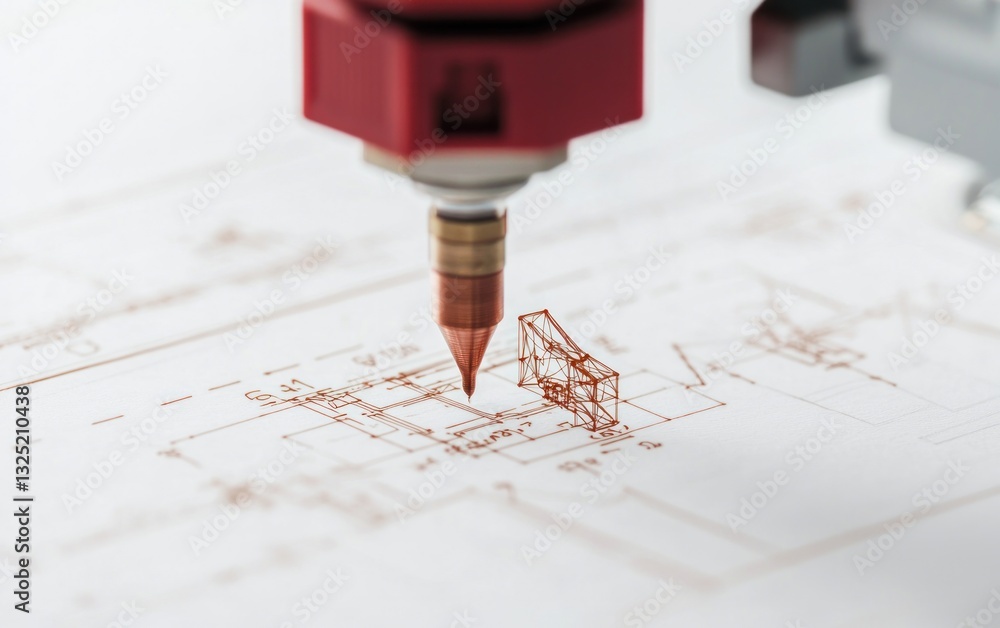 Poster close-up view of a precision robotic arm depositing small particles onto a detailed circuit diagram,