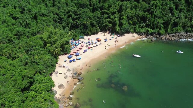 Aerial view of Praia do Cedro located in Ubatuba, Brazil. People enjoy the beach and the sea water crashes against the rocks on the coast. Green trees are seen in the beautiful landscape.