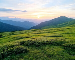 Naklejka premium Lush mountain meadow at sunset