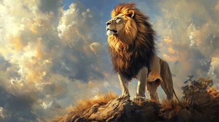 Fototapeta premium Majestic Male Lion Roaring at Sunset in African Savanna