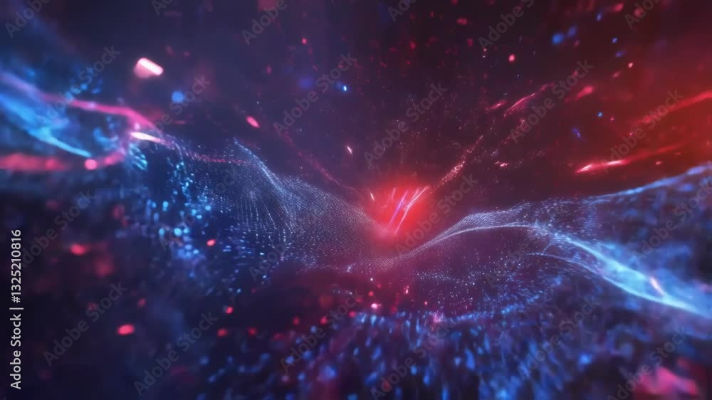 Poster complex digital network forming dynamic waves of light and data, representing innovative manufacturi