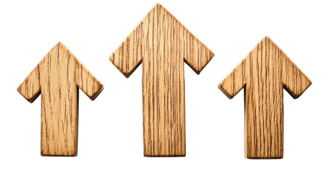 Wooden upward arrow graph showing rising trend, cut out. Isolated on a transparent background.