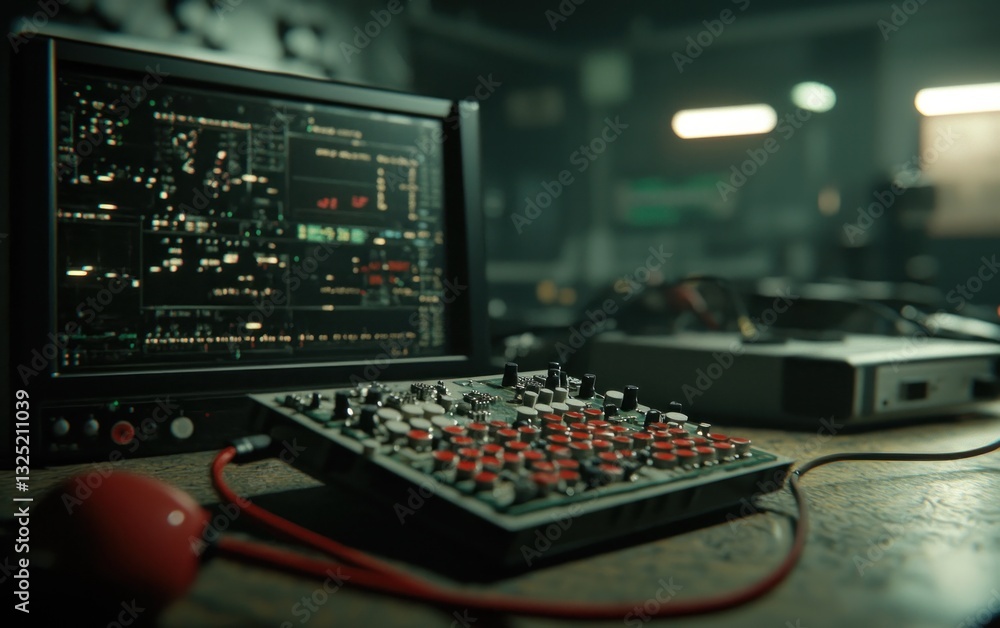 Poster close-up of retro-styled electronic equipment on a dark wood surface. a monitor displays technical d