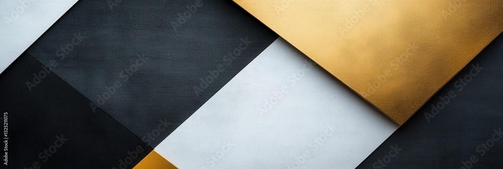 Poster overlapping geometric shapes in black, white, and gold create a modern minimalist aesthetic for desi