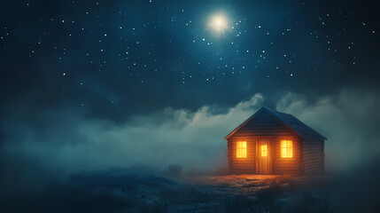 A cabin stands alone in a foggy setting, its door aglow with warm light while a bright star shines above, creating a peaceful and mysterious ambiance. Serene Luminescence. Illustration
