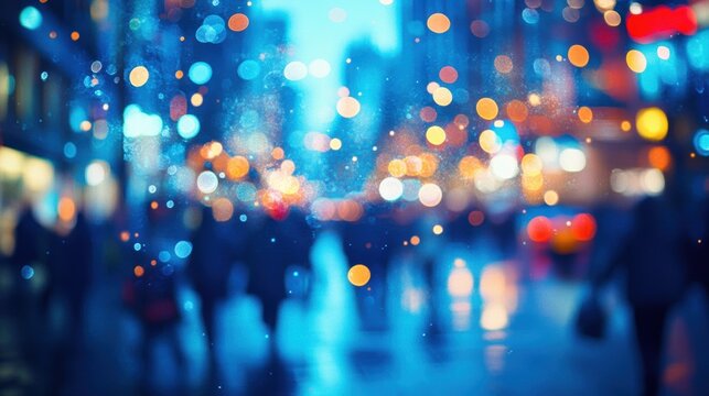 A symphony of blue, where swirling circles of light, like captured stars, danced on a canvas of azure, blurring the edges of a vibrant city, a testament to the magic of urban life.