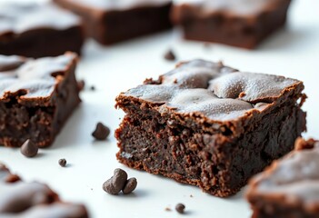Close-up of a rich, fudgy chocolate brownie on a white background , baked goods,  delicious food