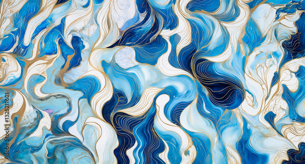 Poster mesmerizing abstract art with fluid swirls of blue, white, and gold. evokes movement and depth with 