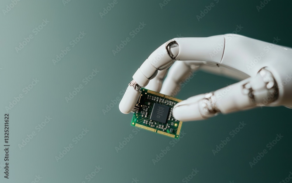 Poster robotic hand holding a circuit board against a teal background. the image evokes a sense of technolo
