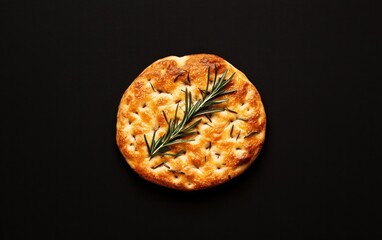 Round cracker with rosemary sprig on black background. Overhead shot of a single, golden-brown cracker