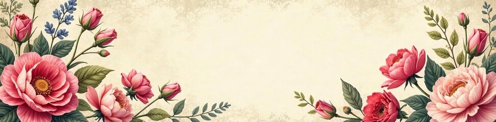 Vintage floral design featuring beautiful roses and delicate leaves on a soft background.