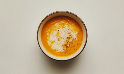 Delicious Creamy Pumpkin Soup Served with a Colorful Pepper Garnish on a Clean, Minimalist Background Perfect for Food Photography.
