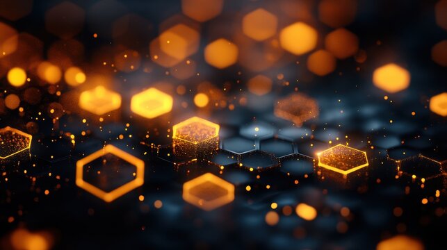 A mesmerizing, abstract backdrop unfolds, a kaleidoscope of glowing hexagonal lights, rendered by the generative power of AI, creating a dynamic visual symphony. - Powered by Adobe