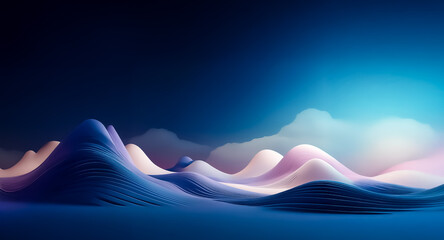 Abstract waves or rolling hills in varying shades of blue and purple create a serene and dreamy digital landscape against a dark sky with soft clouds.