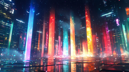 Fototapeta premium A vibrant futuristic scene featuring colorful light pillars in a serene city backdrop, perfect for tech and fantasy themes. Serene Luminescence. Illustration