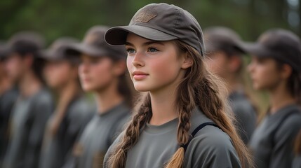 Young girl in uniform at campfire girls' training, wearing cap and braids, standing confidently among her peers outdoors. Camp Fire Girls Day