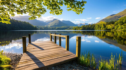 Tranquil morning at peaceful lake with wooden dock and mountains