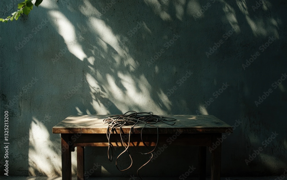 Poster rustic wooden table with tangled dark string or rope sits against a textured grey wall, dappled with