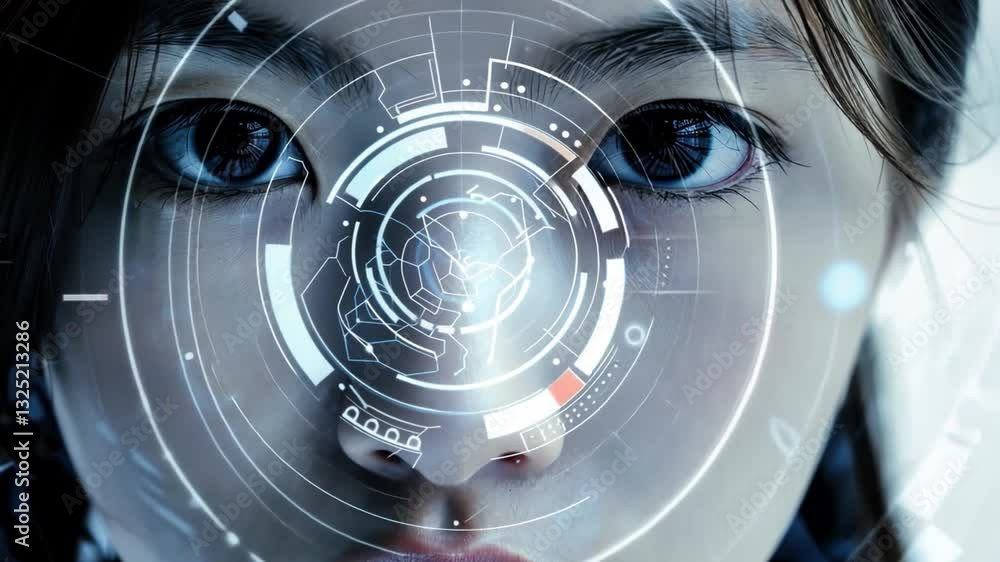 Poster close up of womans eye with futuristic digital interface exploring advanced technology, holographic 
