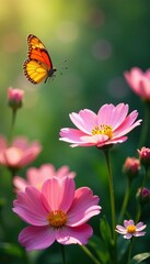 Close-up of blooming flowers and delicate butterflies fluttering in a sunny garden, summer, outdoors
