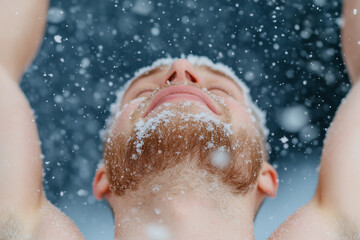 Fototapeta premium Man enjoying snowfall with closed eyes