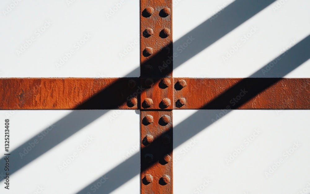 Poster rusty metal beams intersecting against a bright white background, creating a strong geometric patter