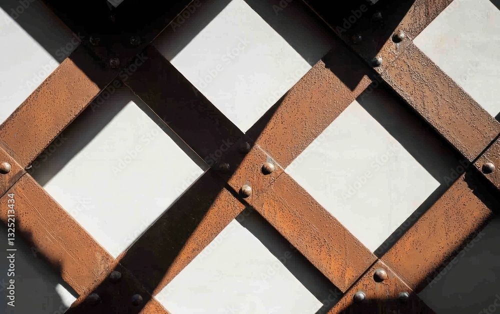 Poster rusty brown metal grid pattern on a white background, illuminated by sunlight casting shadows. the t