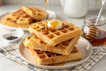Waffles with honey and butter on top